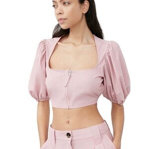 GANNI Drapey Cropped Zip-Front Blouse • Pink Tulle • Size 32 (0) • NWT